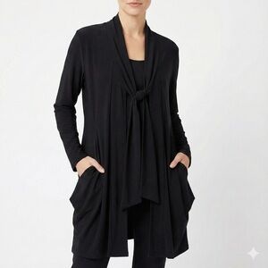 COMPLI K Black Slinky Knit Lagenlook Cardigan Tie Close Draped Pockets US Sz M